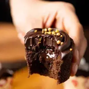 Chocolate centerfilled cup cake with caramel filling